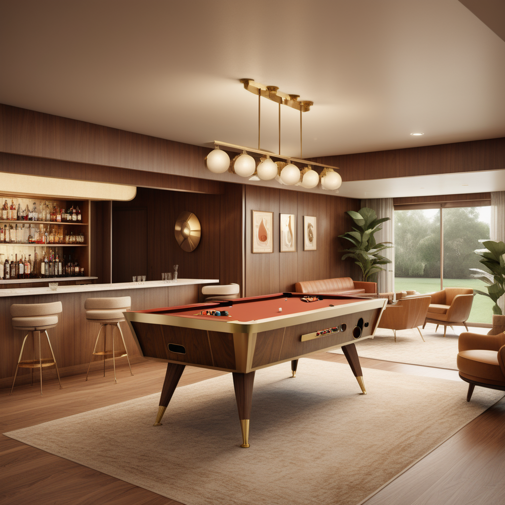 a hyperrealistic image of a midcentury modern home game room and bar; brass, walnut wood, beige colour palette; 
