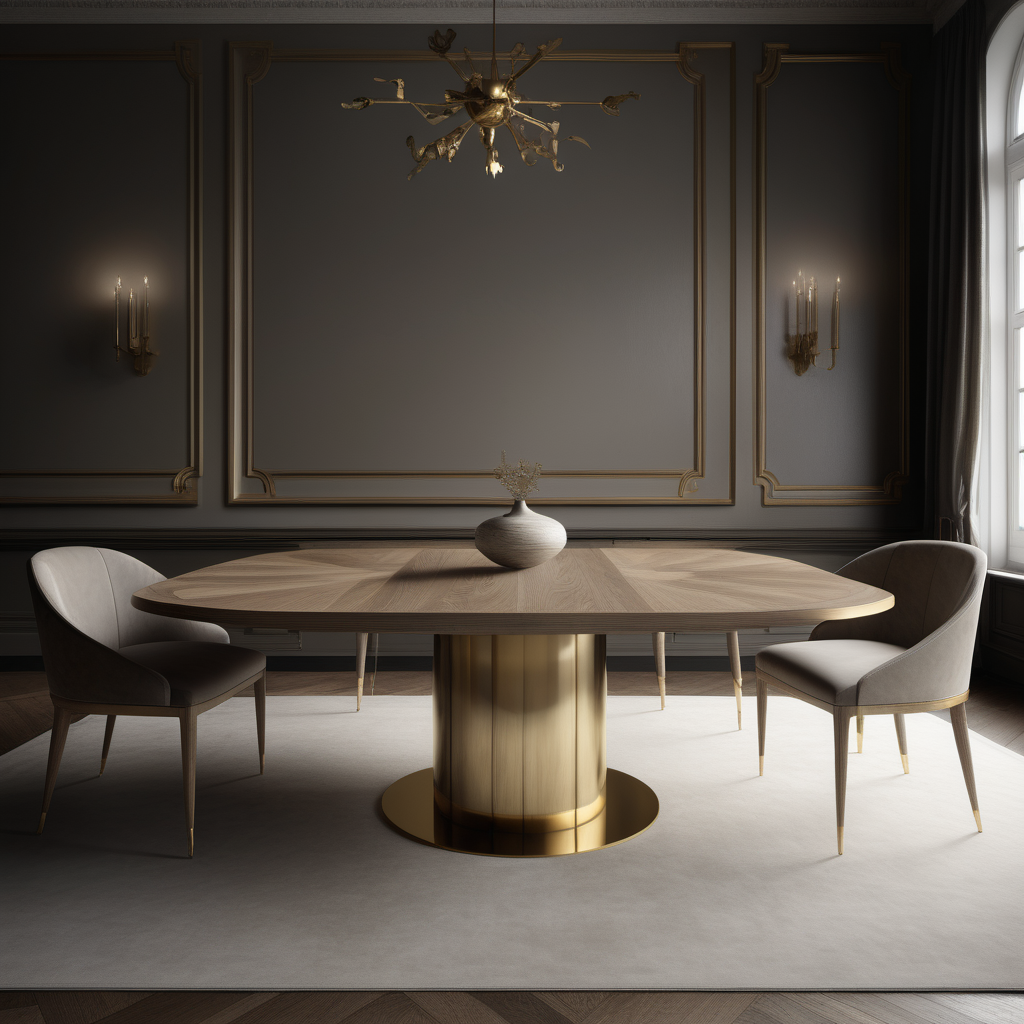 a hyperrealistic image of a modern elegant dining table in oak brass
