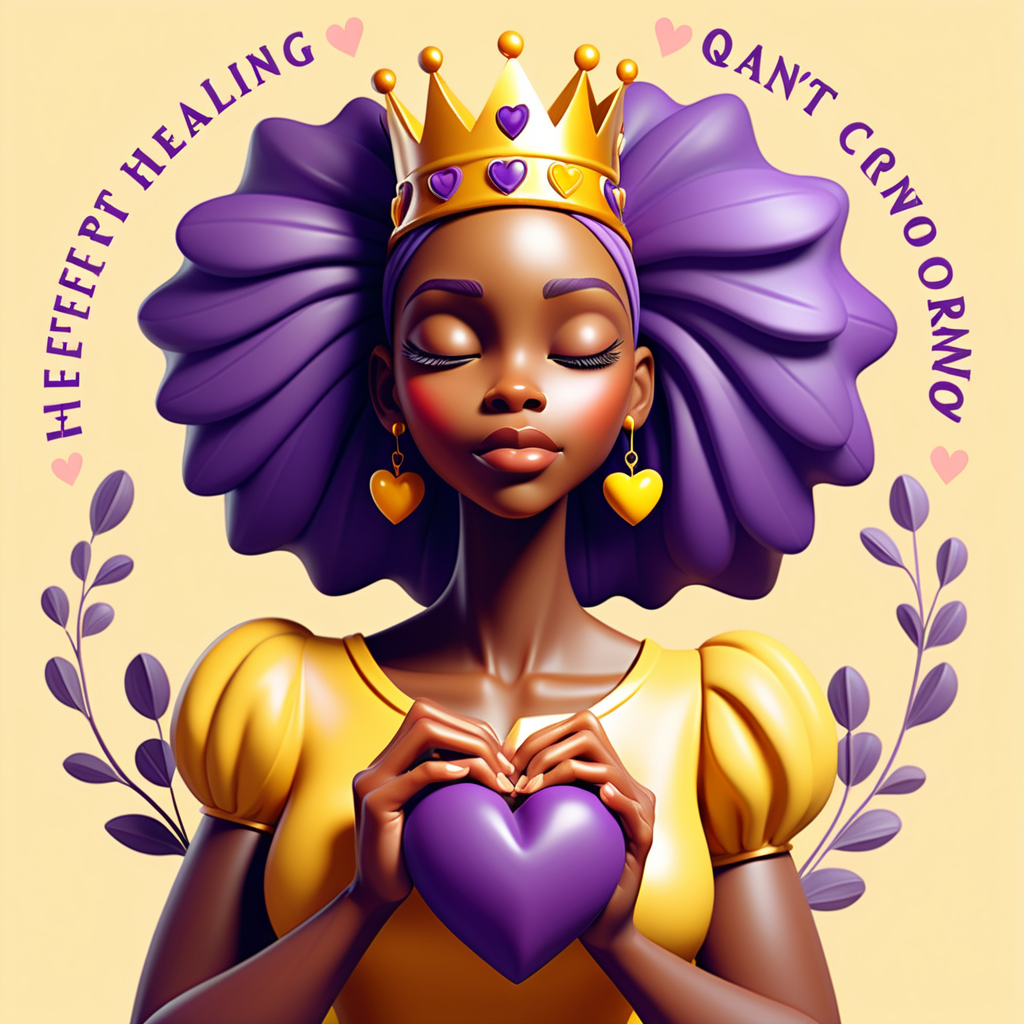 An African American stunning anglic Delicate illustration of hands cradling a heart-shaped crown, tagline: Bold yellow purple Letters vibrant colors 
 "Heartfelt Healing: Queens' Inner Journey."