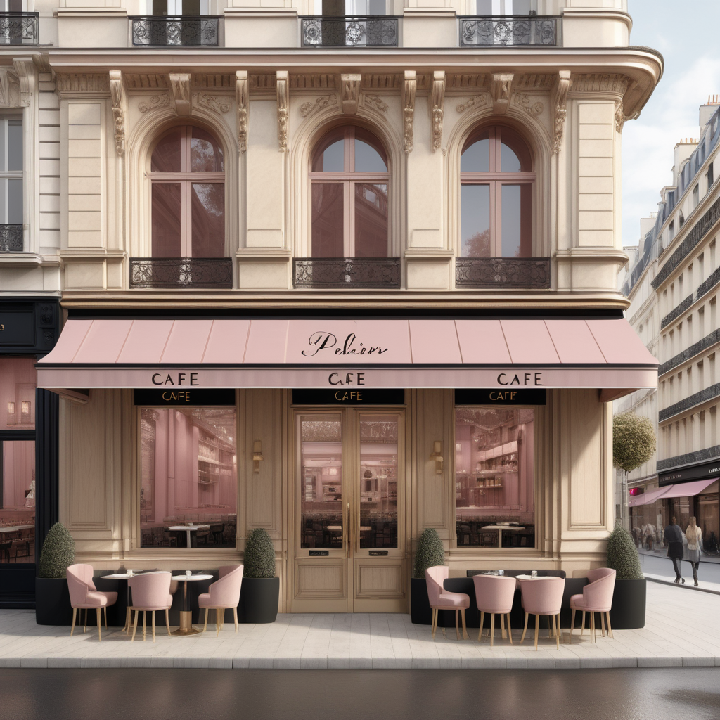 A hyperrealistic image of a palatial modern Parisian cafe viewed from the street in a beige oak brass colour palette with accents of black and dusty rose, with beautiful high-end stores
