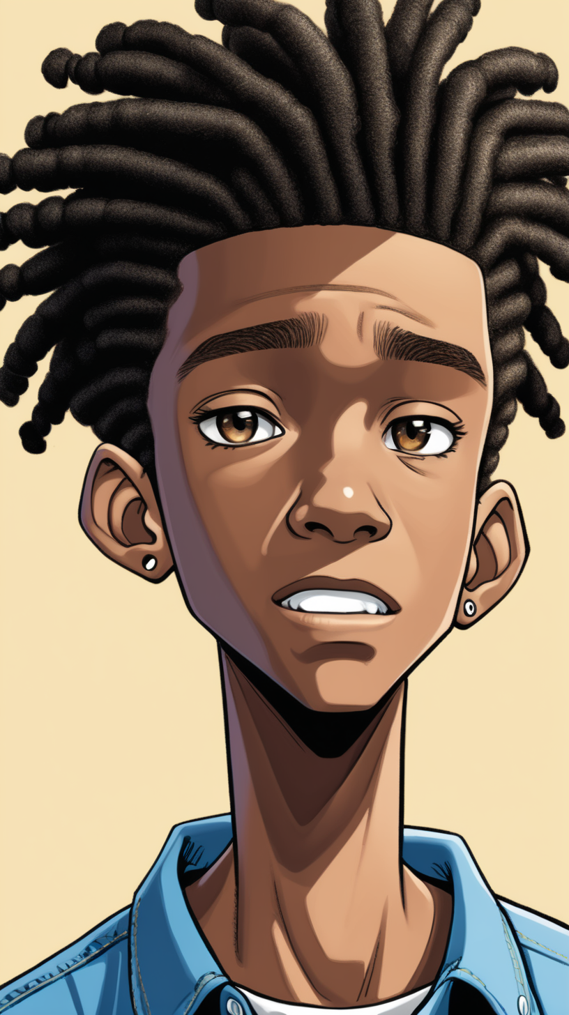 
comic-style 16-year-old black Jamaican teen boy who is tall, thin with short dreadlocks wearing a polo shirt with jeans close-up of his face. make background plain
