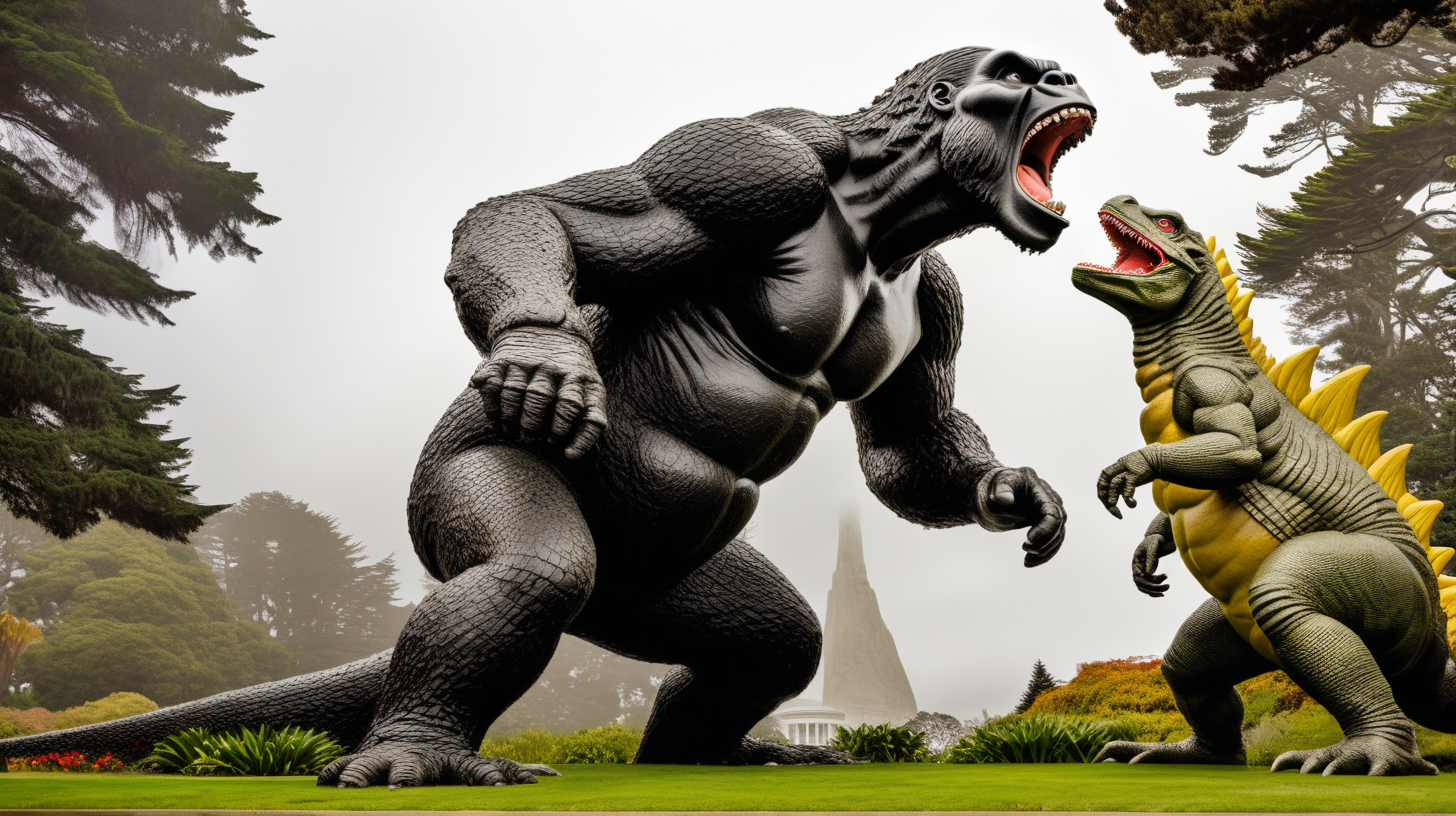 King Kong and Godzilla fighting a giant lizard in Golden Gate Park