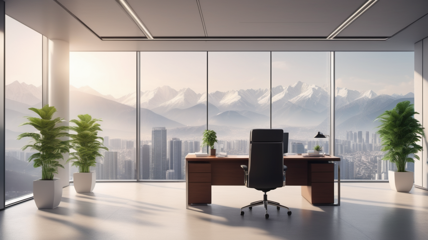 Financial director office, with a panoramic view of a Urban panorama with montains, touches of light, One big plant,  minimalist, Financial director, warm and elegant style, financial director, sucess,--ar 5:3