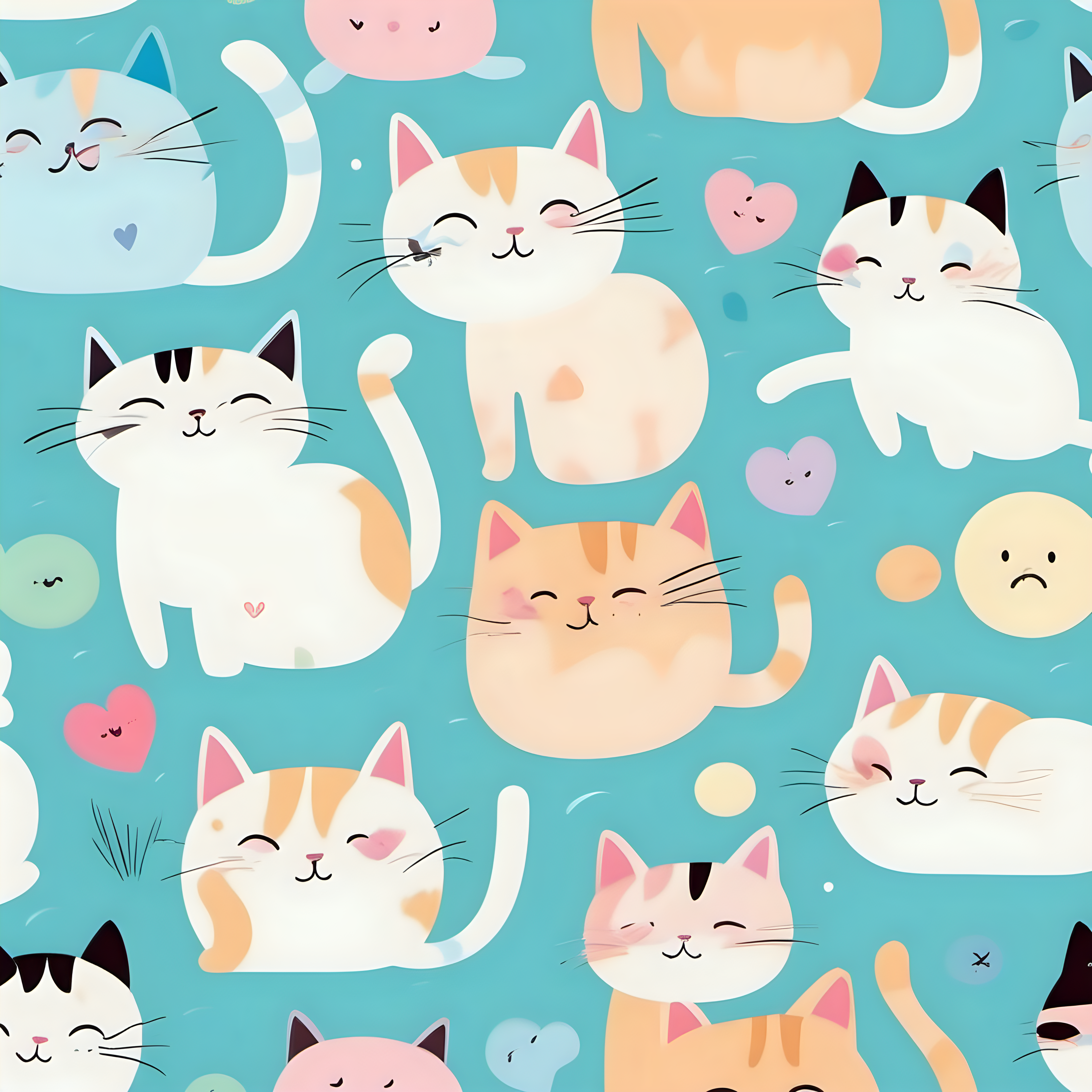 cute kawaii cat characters in various poses, pastel colors, repetitive pattern, seamless, illustration, cute, vibrant, light blue background, all-over print, target audience: cat lovers, whimsical