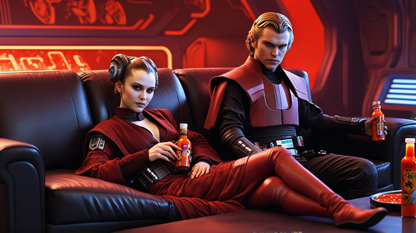 sexy amidala with Anakin sits in cyberpunk couch