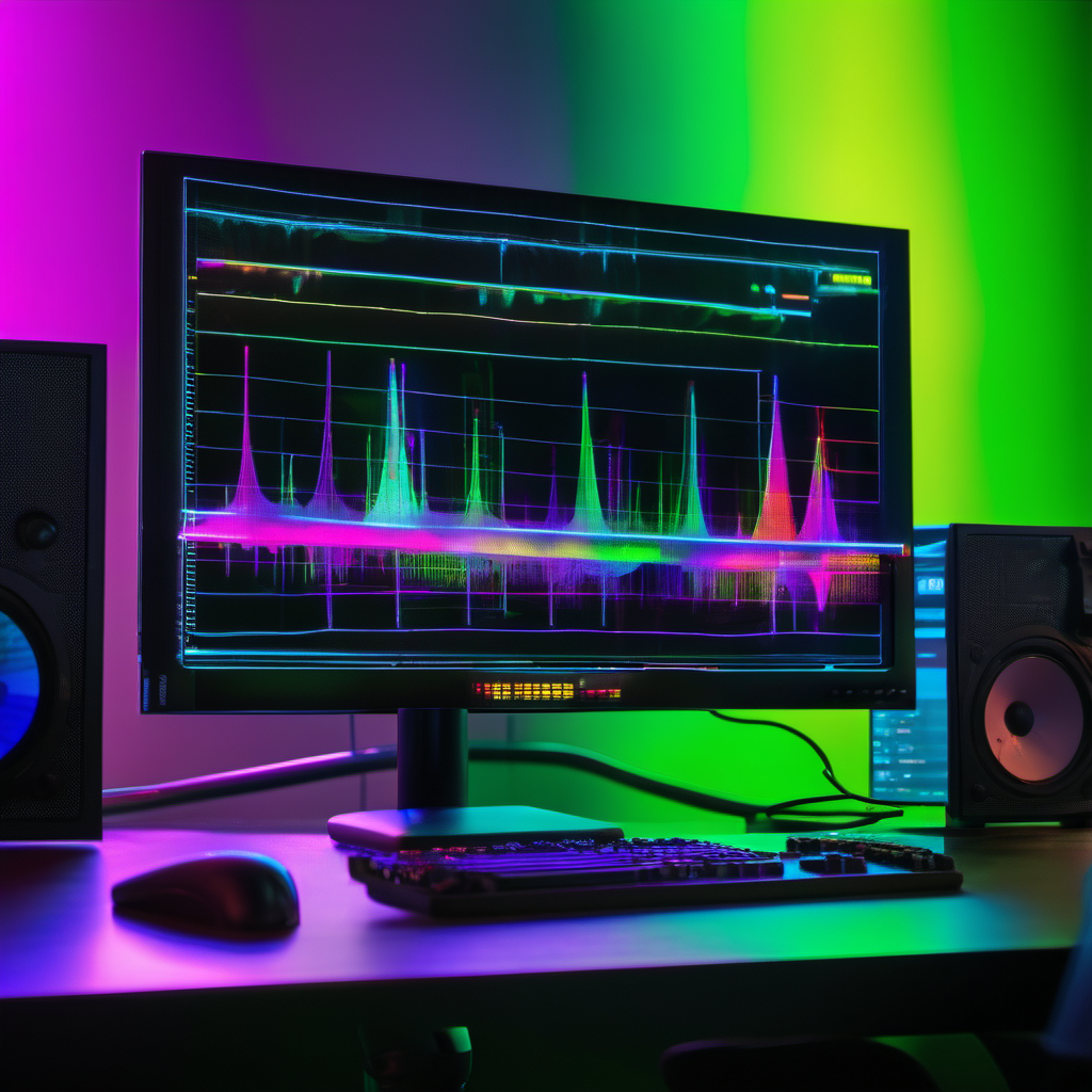 a monitor with sound graphs with neon colors