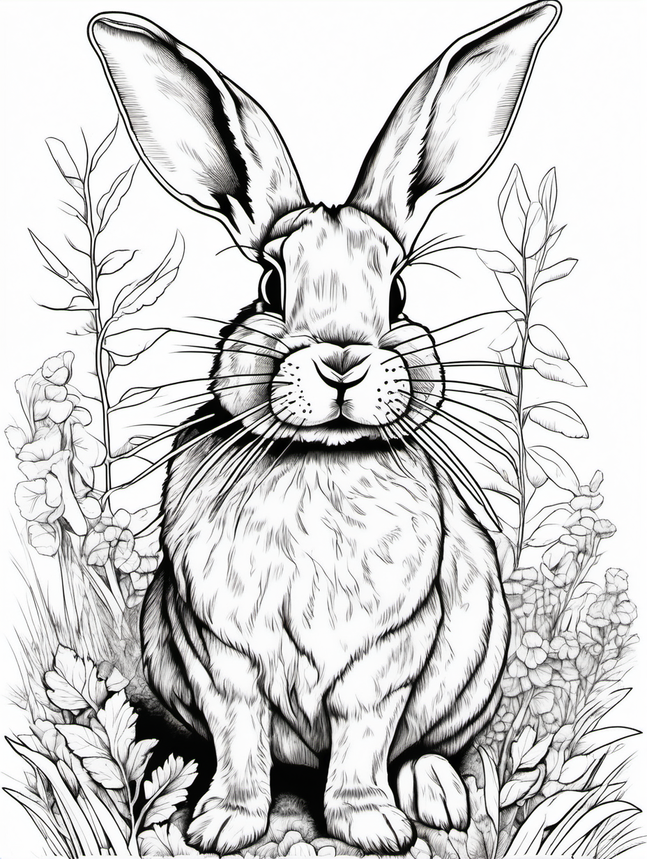 rabbit , coloring page, low details, no colors, no shadows