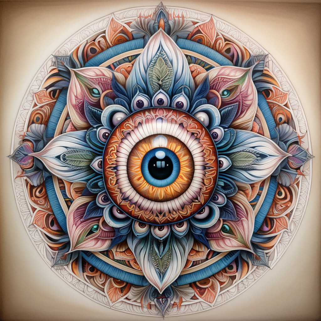 realistic colors, clear lines, detailed, symmetrical mandala, grotesque eyeballs