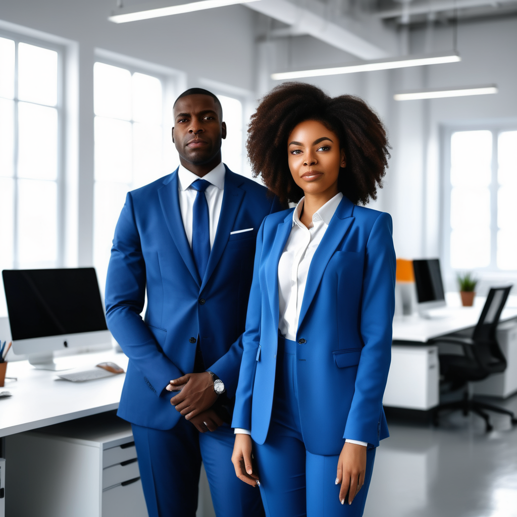 femme et homme noirs, en costume bleu, bureau  lumineux, arrière plan travailleurs