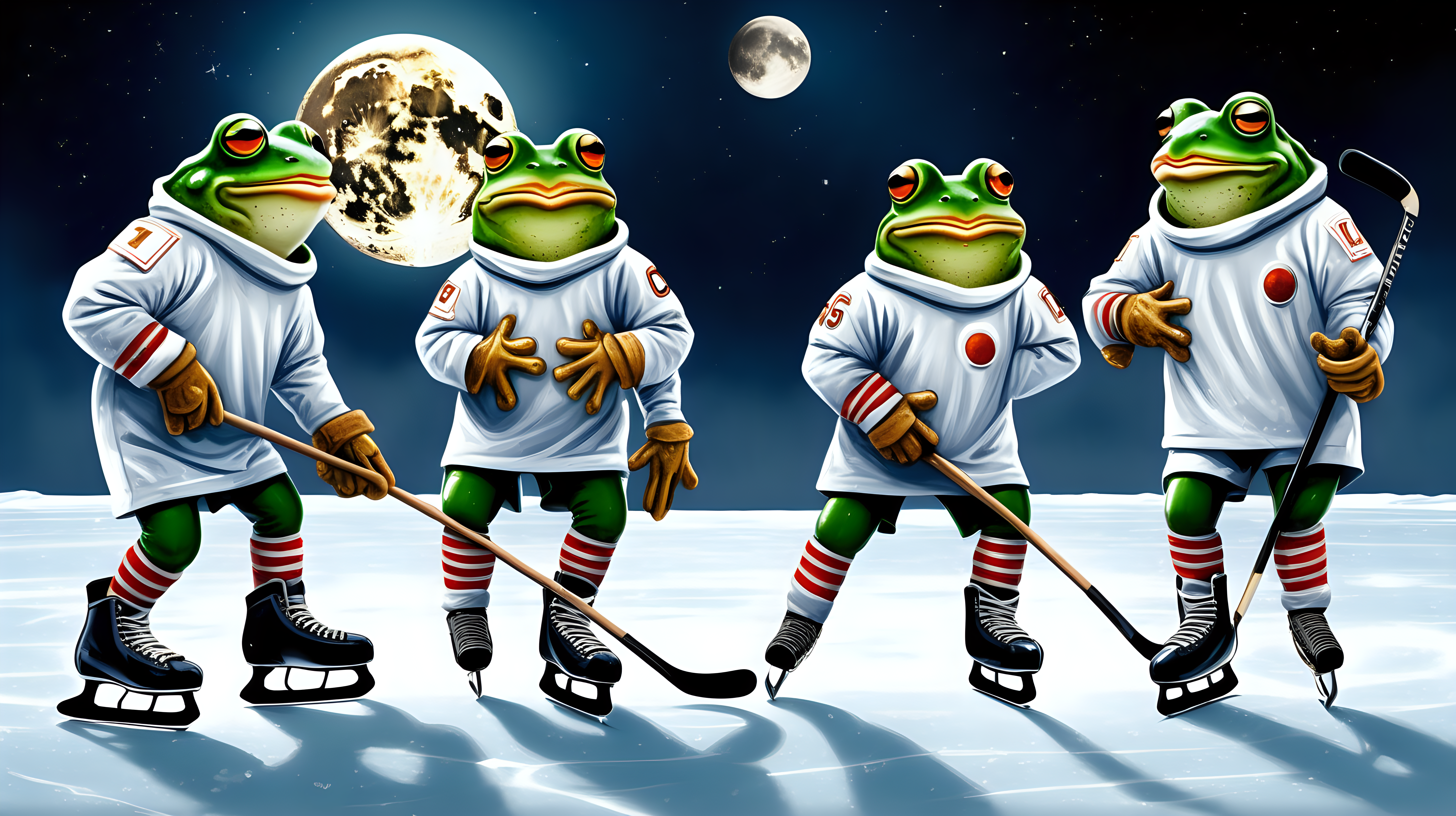frogs in uniforms on ice skates playing hockey on the moon