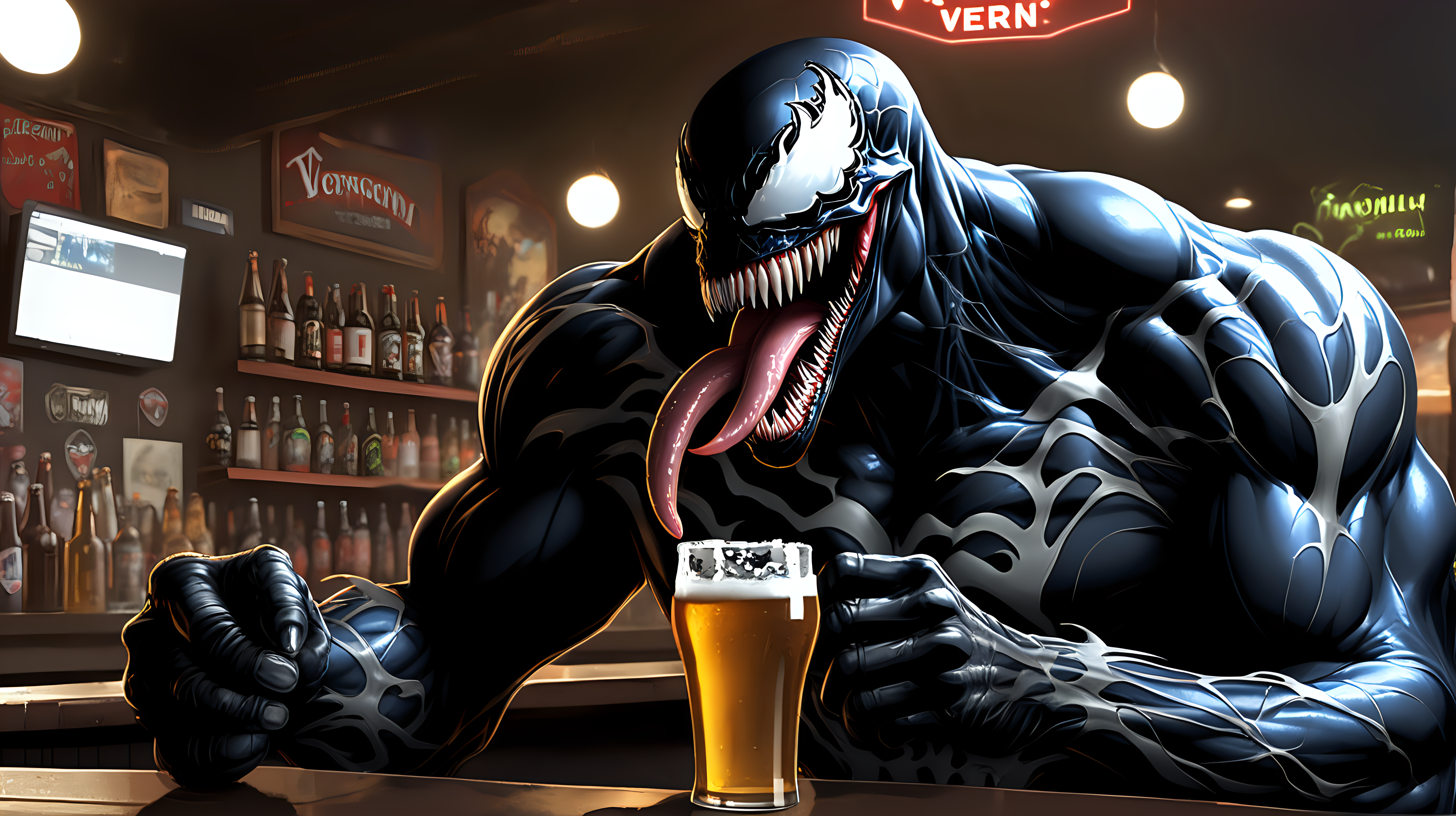Venom drinking a beer at a bar