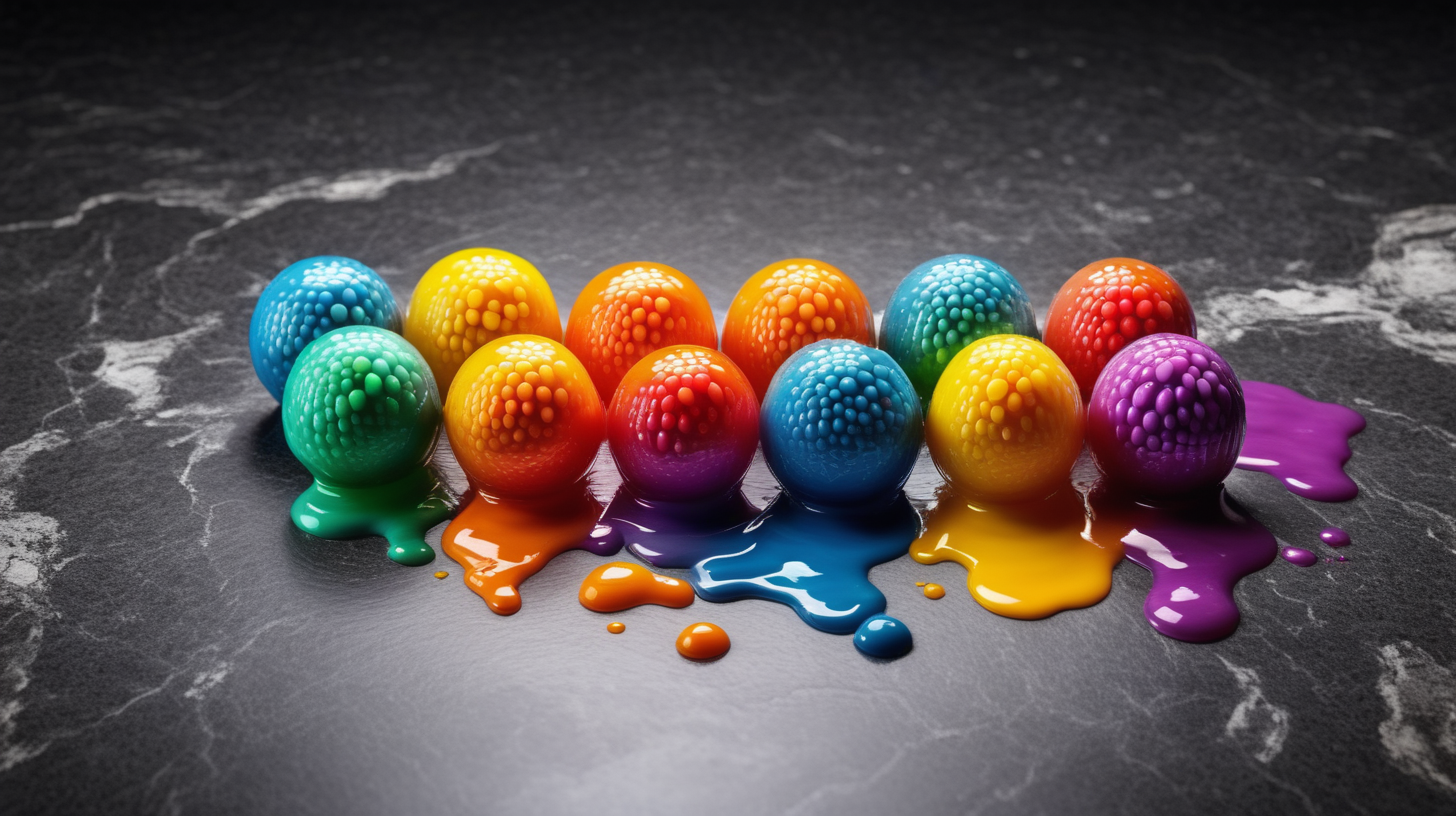 image colorful slime balls form into bar on granite table.