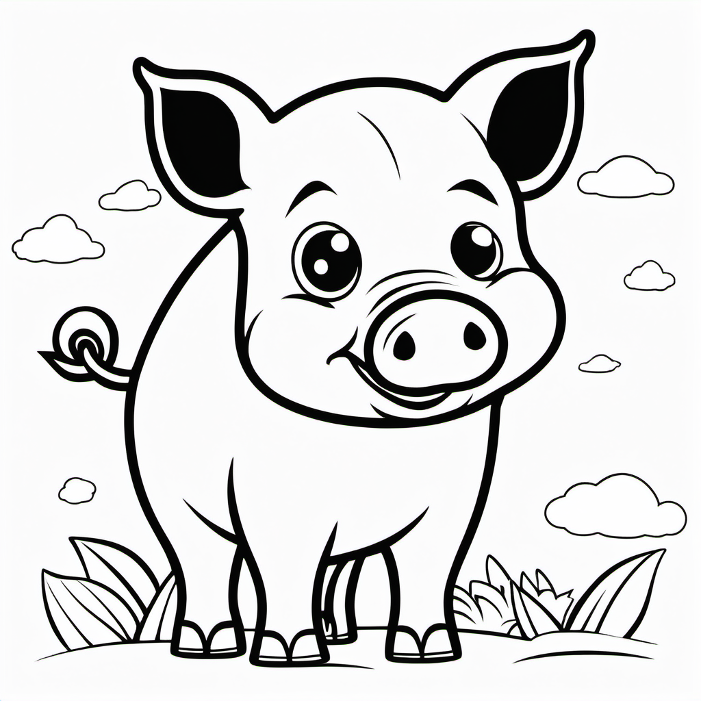 draw a cute pig with only the outline in black for a coloring book for kids
