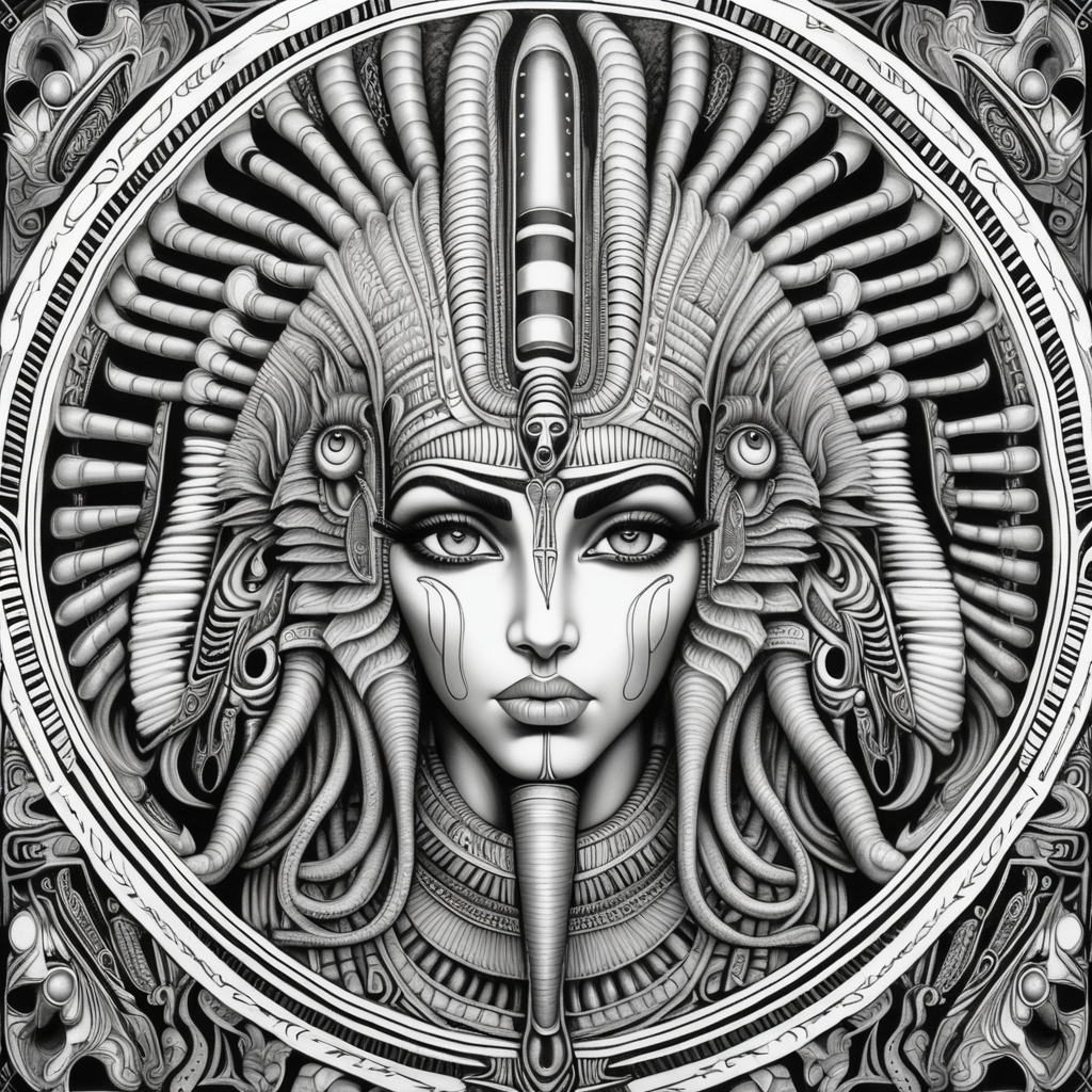 black & white, coloring page, high details, symmetrical mandala, strong lines, Egyptian female god with many eyes in style of H.R Giger
