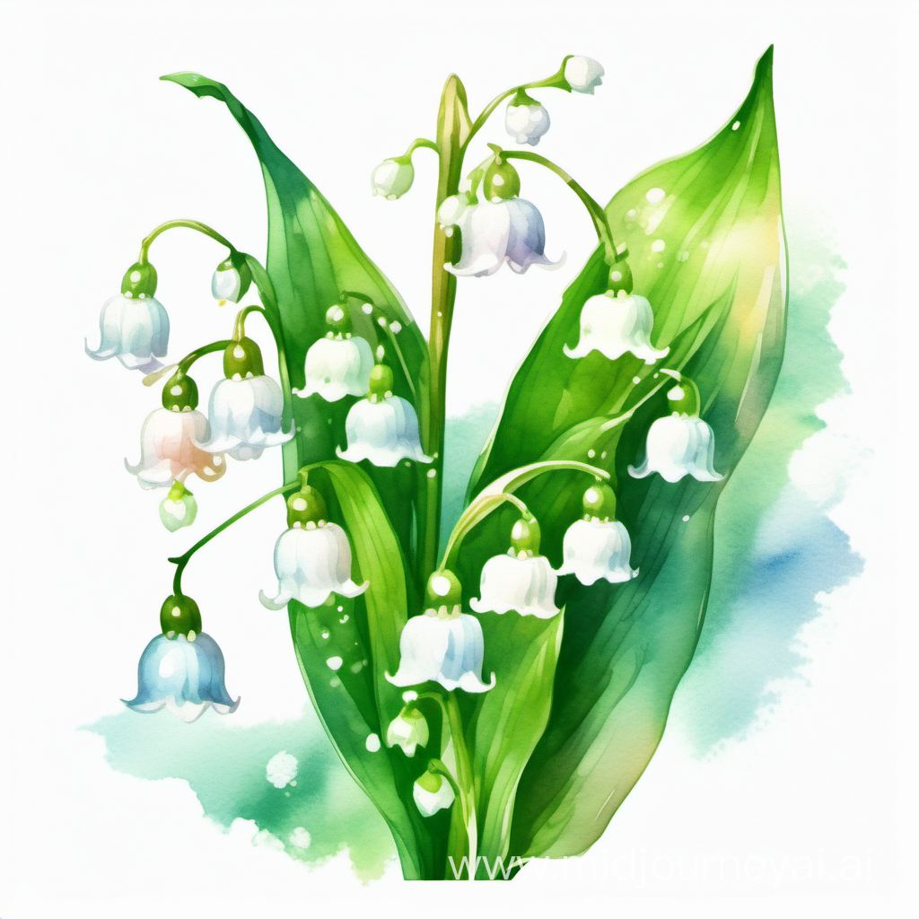 one Lily of the Valley, ethereal art style, enchanting mood, 
soft lighting, watercolor colorful clip art illustration, high detail, white 
background
