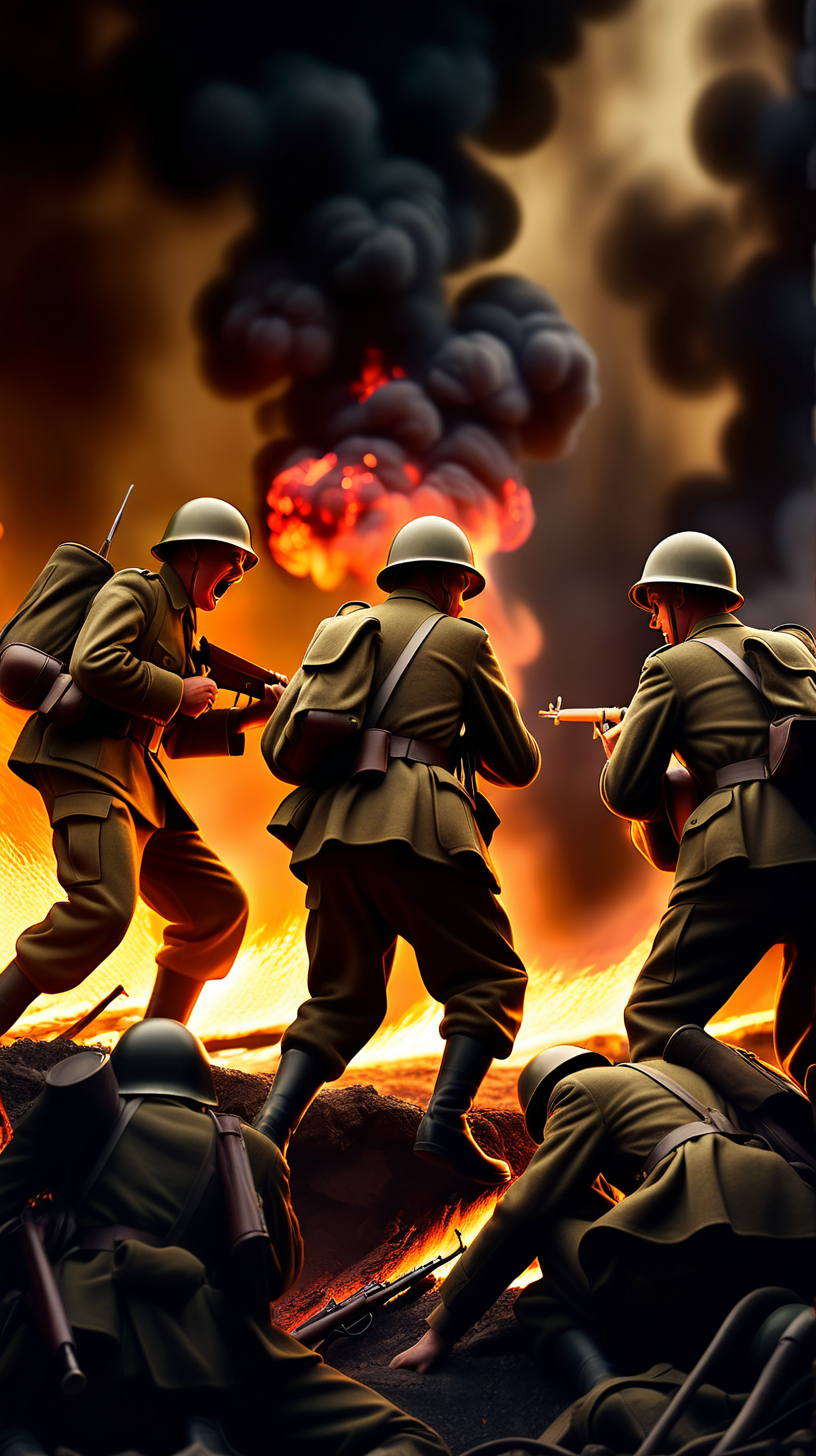 The soldiers of the 2nd World War are fighting in a dark place surrounded by fire