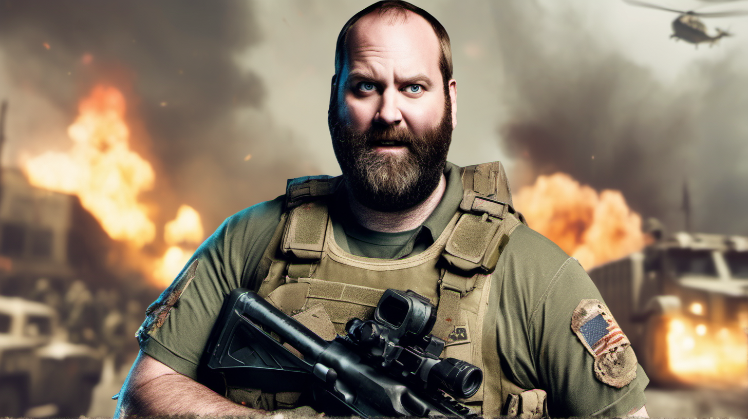 tom segura as a soldier no hat in call of duty with a zombie apocalypse background