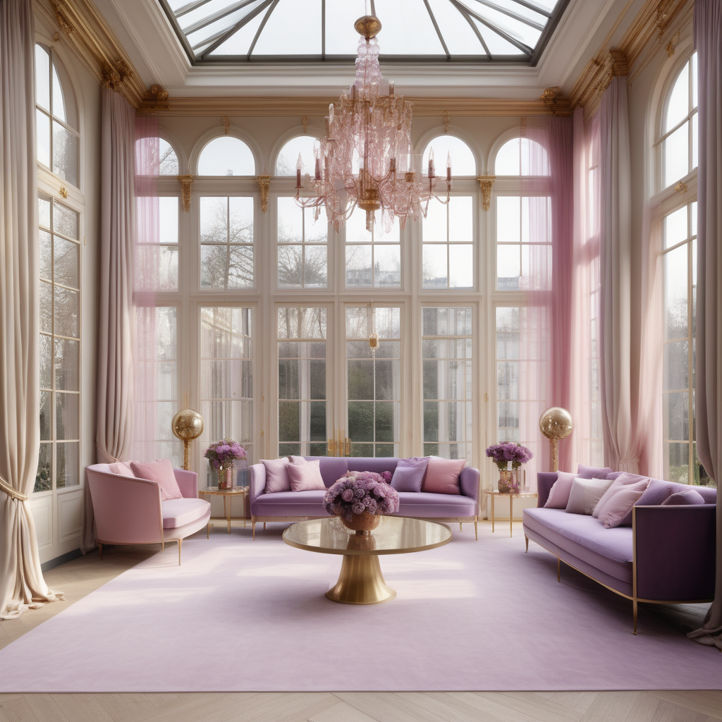 hyperrealistic image of large modern Parisian conservatory, floor to ceiling windows, beige, pink, lilac and brass colour palette, brass chandelier, sheer curtains