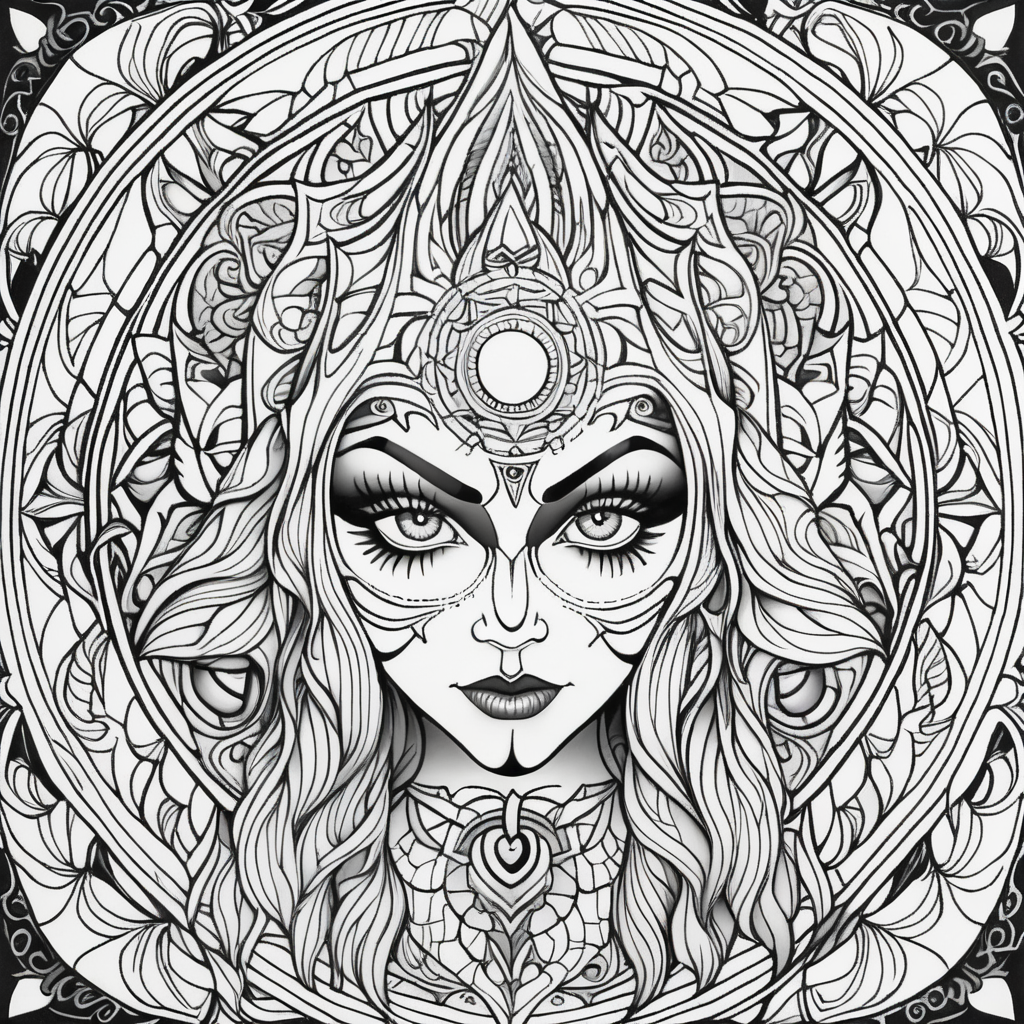 adult coloring book, black & white, clear lines, detailed, symmetrical mandala evil witch face 