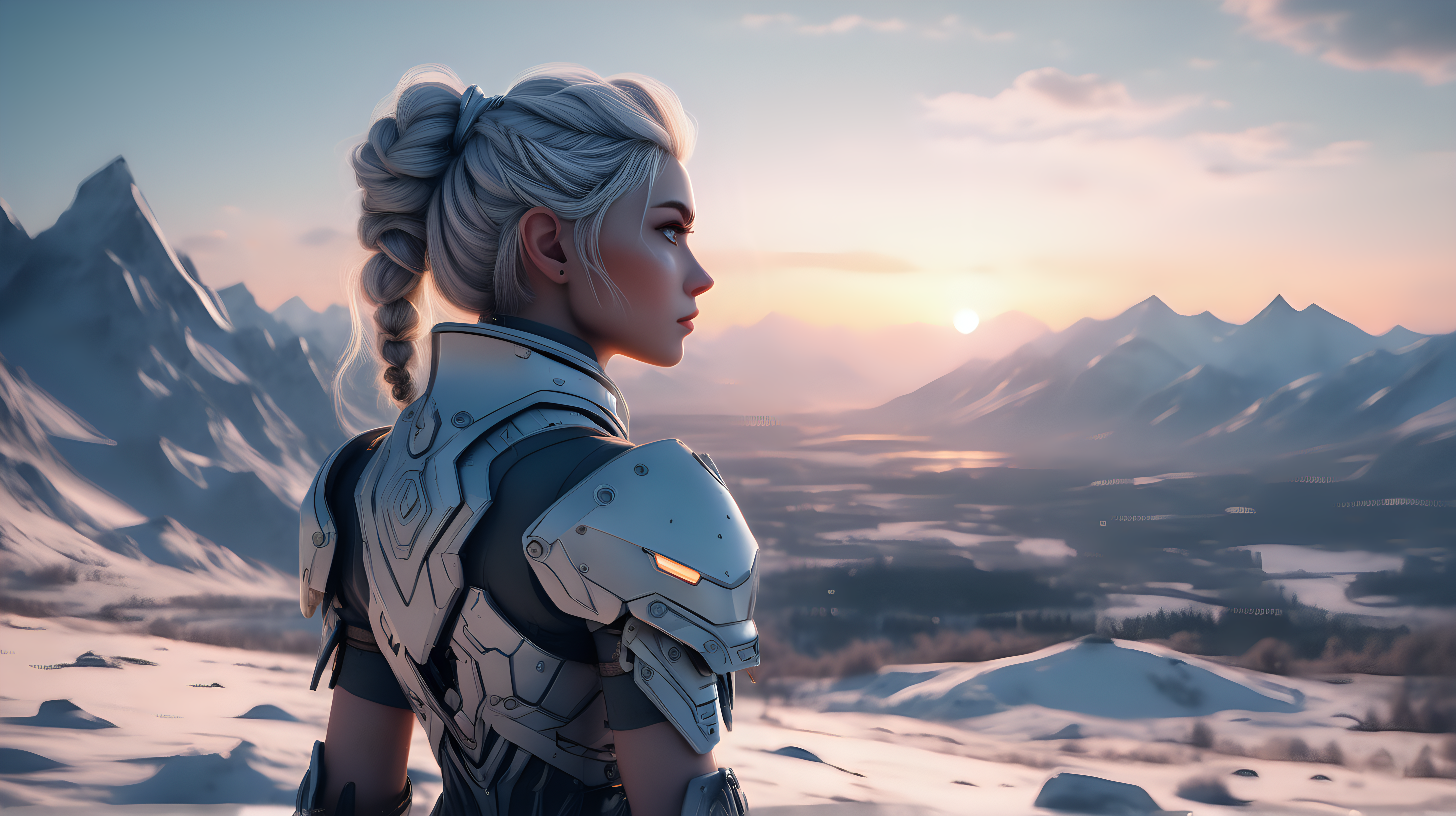the photo is taken in snowy landscape with mountains in the distance sunset. a cyborg cute valkirie looking out at sprawling landscape . Sharp focus. A ultrarealistic perfect example of cinematic shot. Use muted colors to add to the scene.