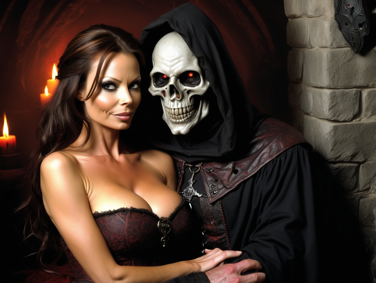 A subdued, enthralled Crissy Moran cuddle by a creepy  evil Necromancer in a medieval theme