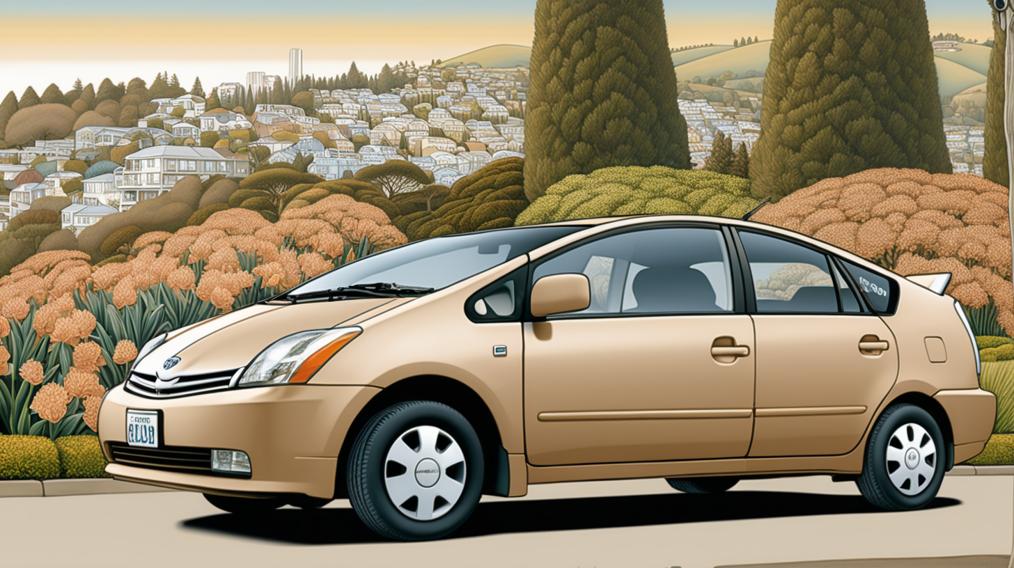 A tan 2005 model 2 Prius, parked in the Oakland CA hills, an upscale residential neighborhood with trees and flowers, in a Diego Rivera-style. 