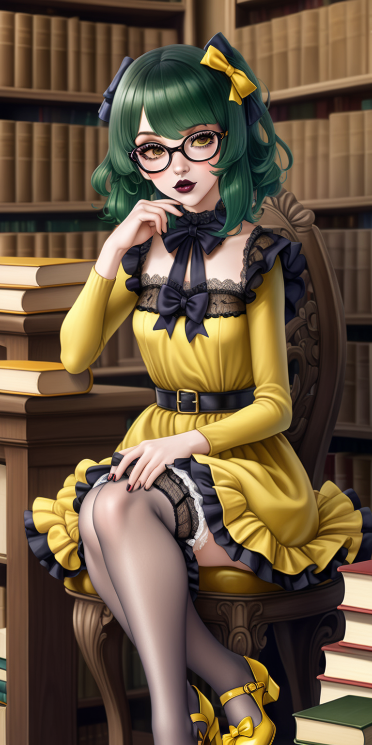 Anime woman with dark green hair and large lips with dark lipstick and heavy makeup wearing a frilly yellow dress, stockings, yellow heeled mary jane shoes, lots of bows and lace, wearing glasses.  Tiny waist, wide hips. sitting in a library. Innocent expression. 