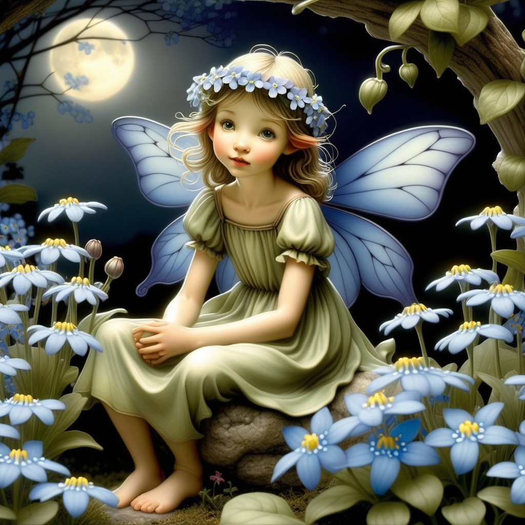 Create a fairy surrounded by forget-me-nots under the moonlight, capturing the mystical and ethereal quality often portrayed in Cicely Mary Barker's flower fairy world.