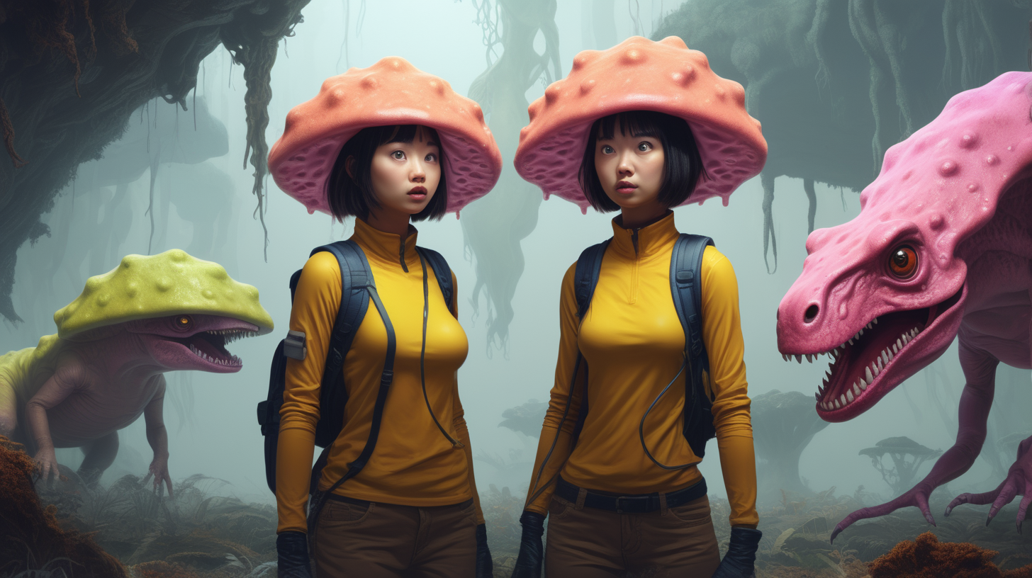 A confused female team of 2 attractive interdimensional travelers in a world of chinasaurs and slime mold
