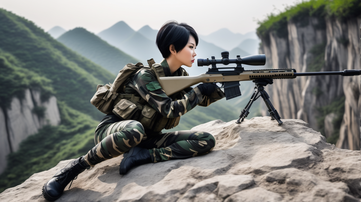 中国女兵
短发
黑发
迷彩紧身裤
趴在悬崖边上
用狙击枪瞄准
后侧视角