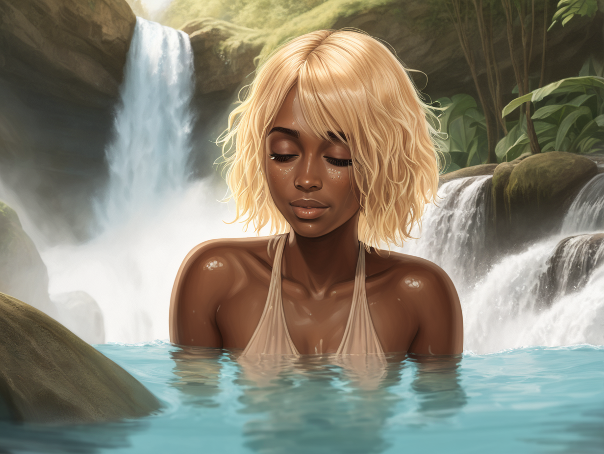 Woman with blonde hair and brown skin bathing
