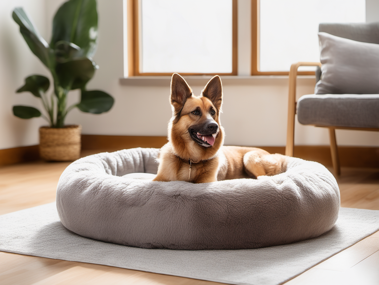 Create an image of a dog relaxing on the dog bed. The dog bed  type is round type, light grey color, fluffy. The dog is of a large size, looks happy and relaxed, with the tongue out, laying on the bed sideways to the camera., looking to the right. The color of dog is reddish brown. The dog bed is placed on the floor in the room. The room is lit with sunlight..