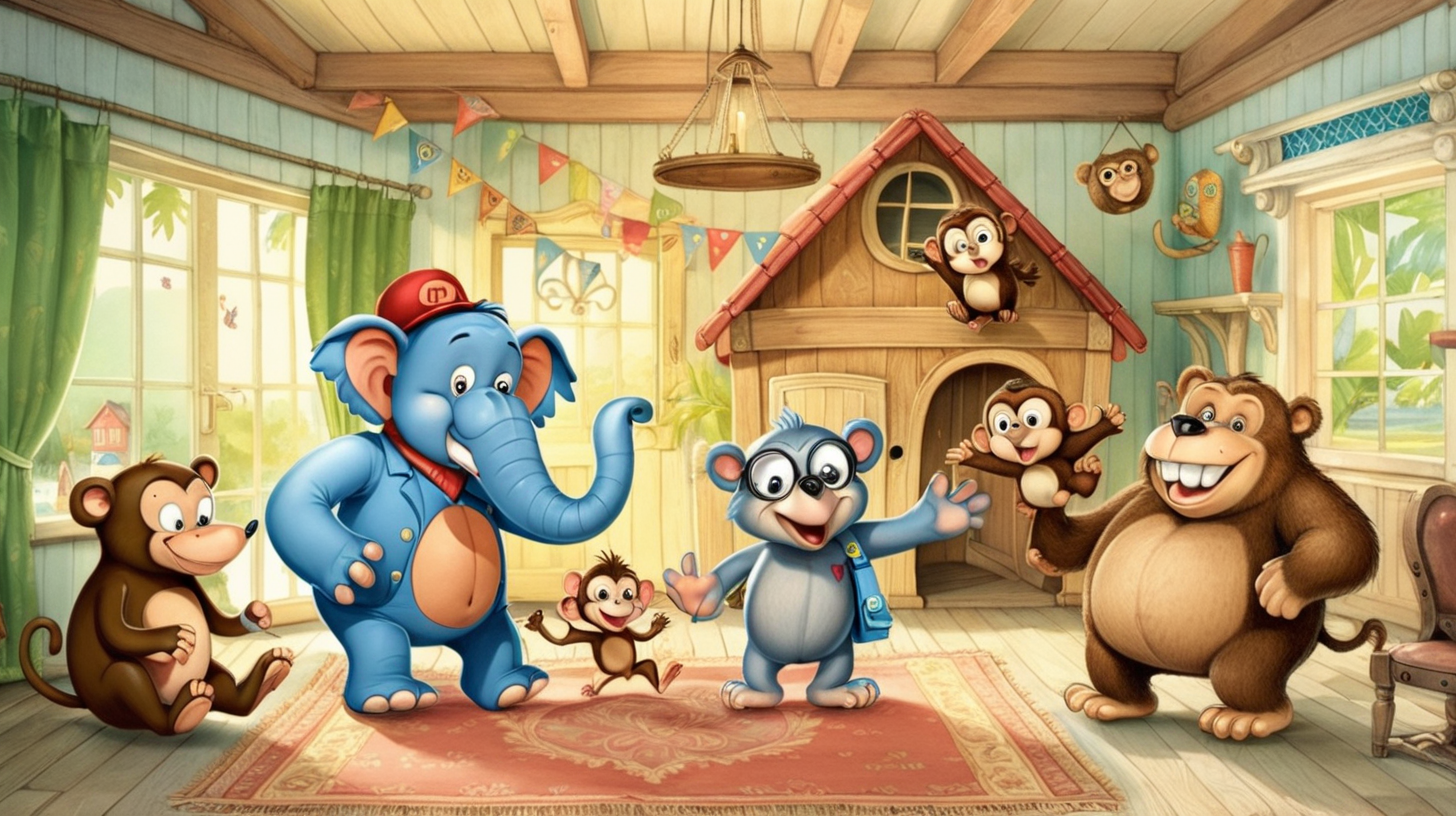 cartoon elephant, owl, bear and monkey happy in a house