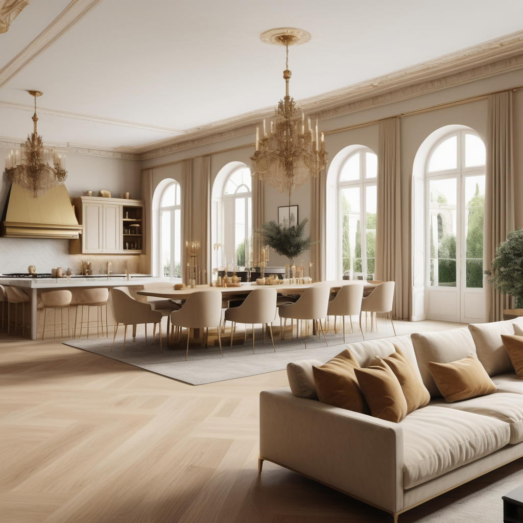 a hyperrealistic image of a grand modern estate open plan kitchen, living room and dining room; A combination of Parisian and Jerusalem-inspired design styles; Beige, oak, brass colour palette; 
