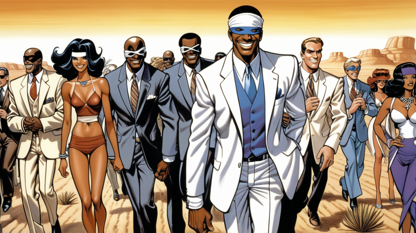 a blindfolded black man with a smile leading a group of gorgeous and ethereal white and black mixed men & women with earthy skin, walking in a desert with his colleagues, in full American suit, followed by a group of people in the art style of Bruce Timm comic book drawing, illustration, rule of thirds