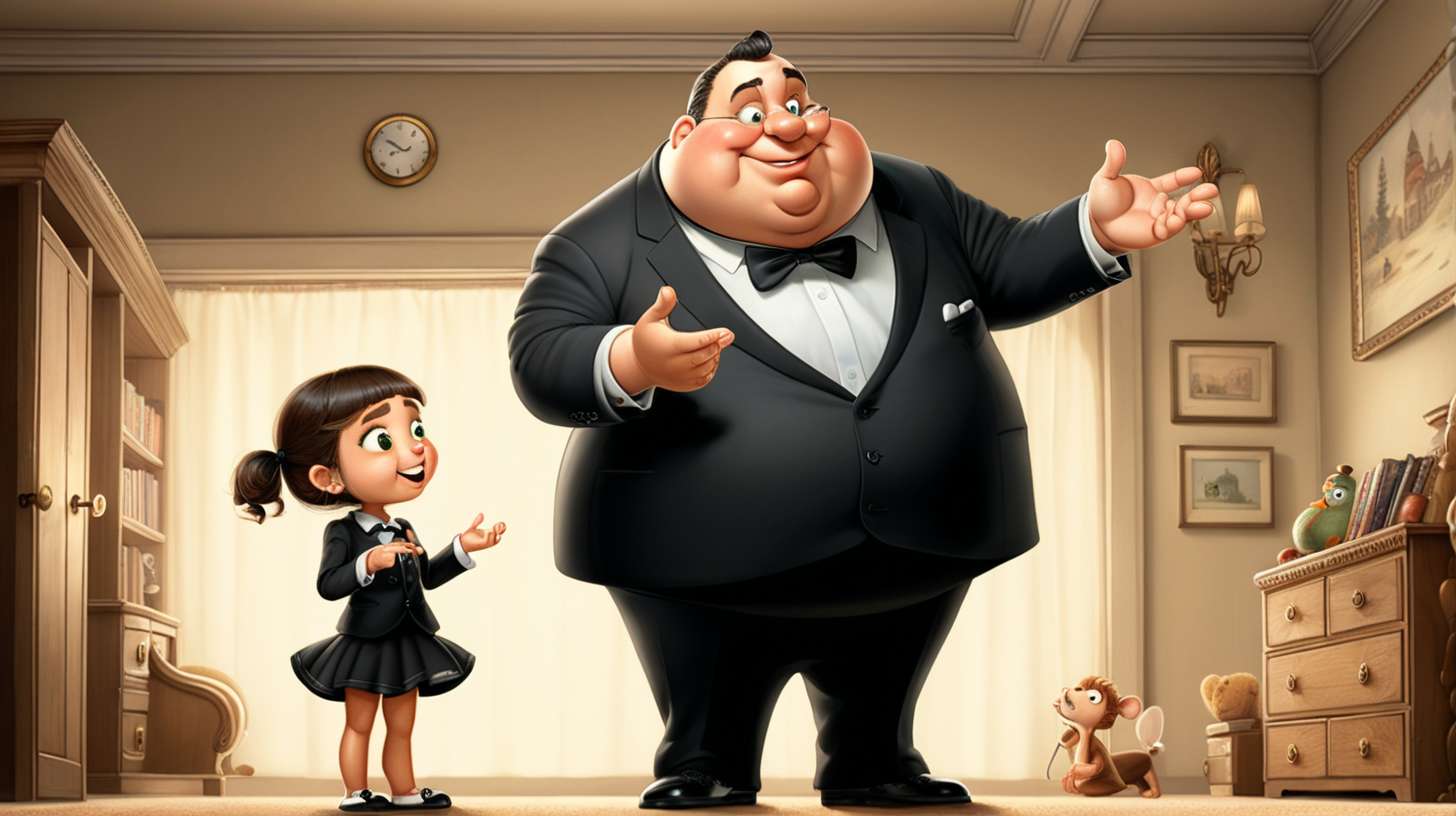 cartoon fat gentleman in a black suit talking to a small girl happily