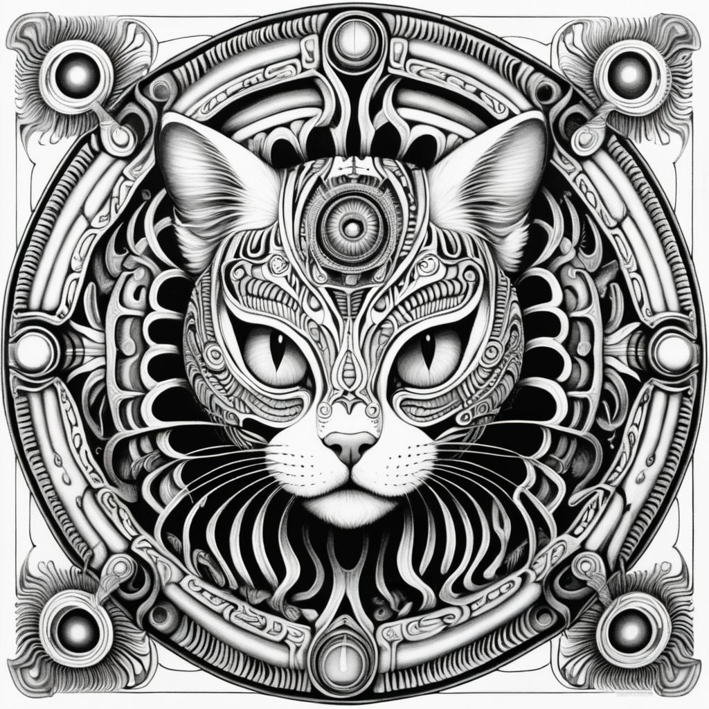 black & white, coloring page, high details, symmetrical mandala, strong lines, cat beast with many eyes in style of H.R Giger