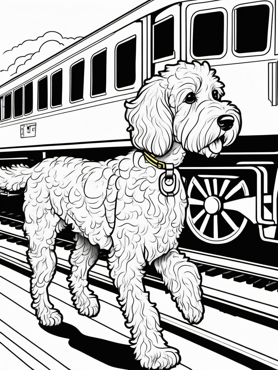 Cute female golden doodle walking by a passenger  train for a coloring book with black lines and white background