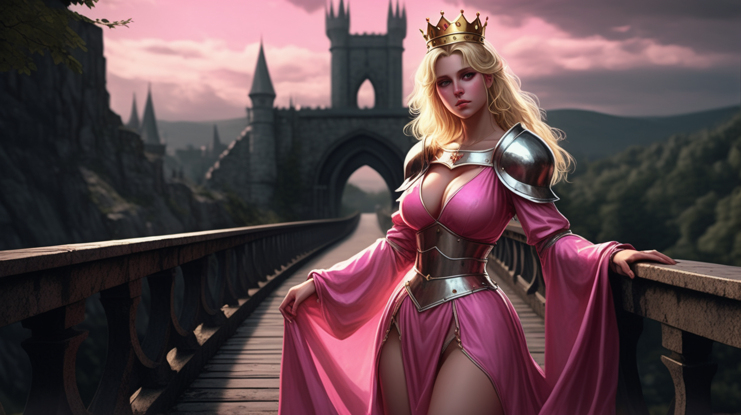 80s dark fantasy style blonde knight waifu with pink tunic and princess crown. dark souls aesthetic. Full body seductive pose. large breasts. elden ring style on bridge