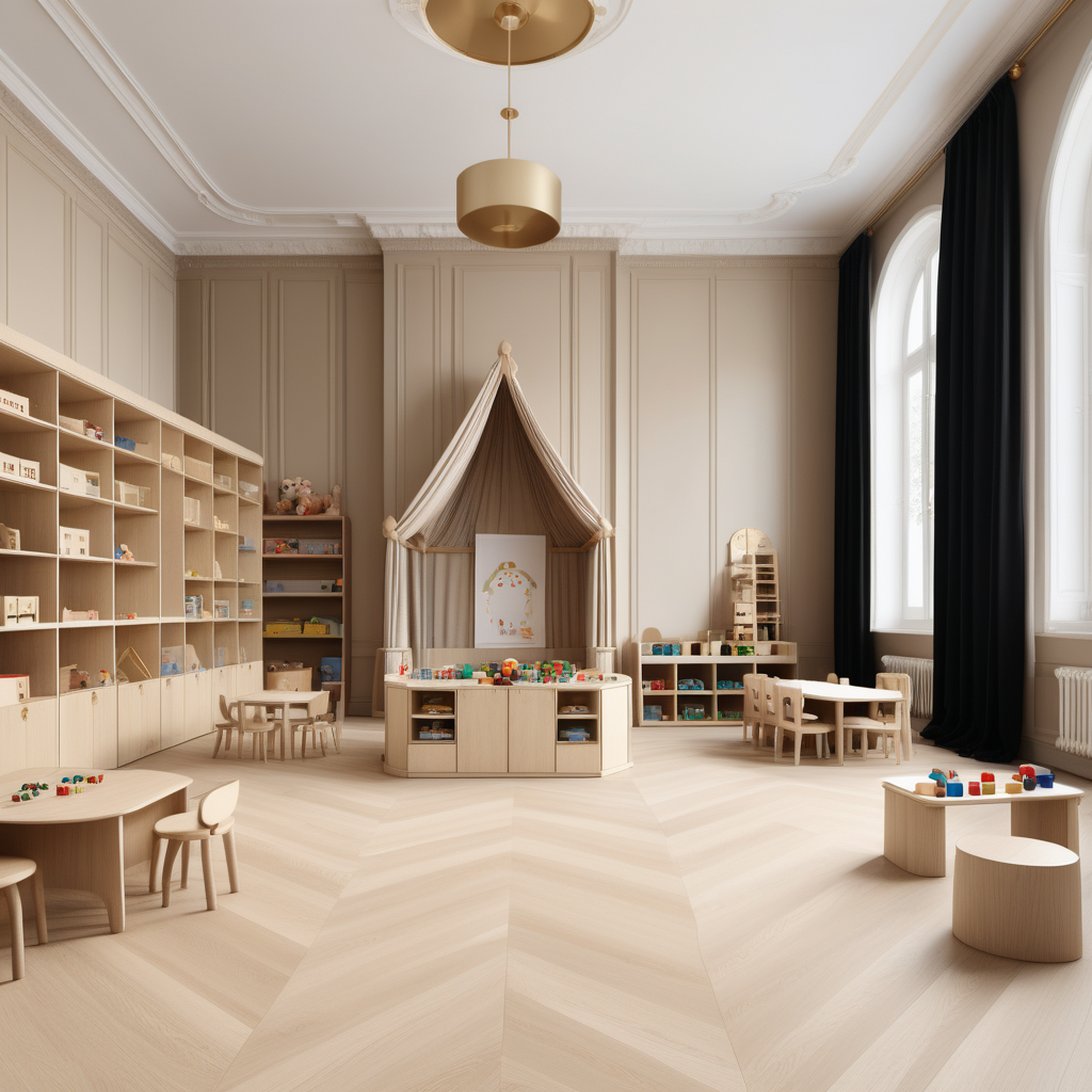 A hyperrealistic image of a palatial modern Parisian Montessori-inspired kindergarten in a beige oak brass colour palette with accents of black 
