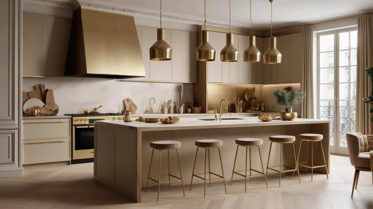 a hyperrealistic image of a Modern Parisian kitchen; island; beige, oak, brass color palette; 