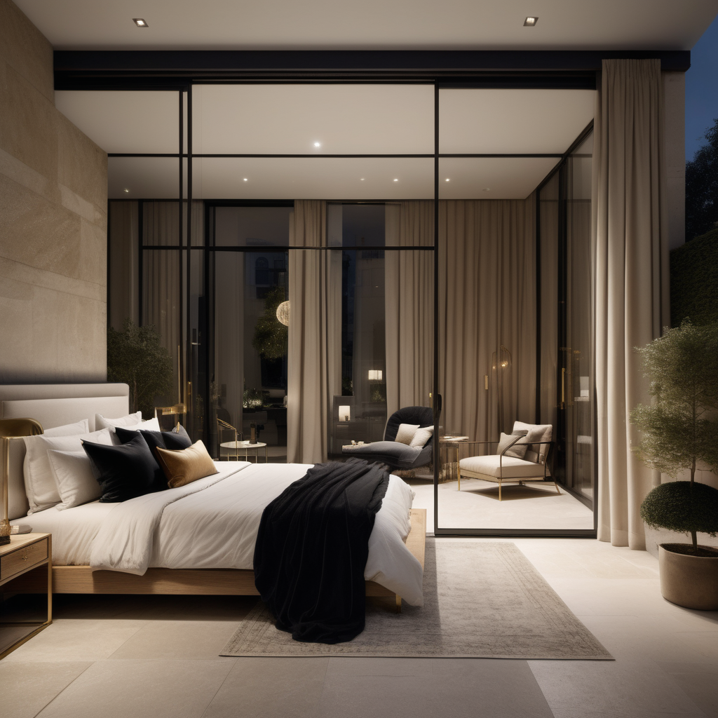 hyperrealistic of an elegant modern Parisian Master Bedroom at night; large glass doors overlooking the private courtyard with garden beds; vanity table; kind bed; floor to ceiling windows ; curtains; mood lighting;  Limestone flooring; beige, oak, brass and accents of black colour palette; modern brass pendant light
