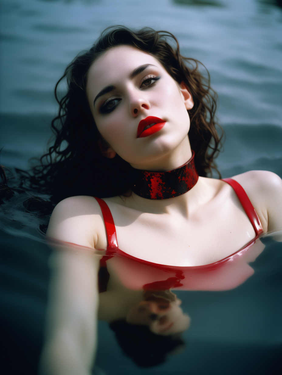 (seductive:1. 1) (21. 3) year old (woman:1. 1) (lying:1. 1) in clear shallow water, (dark:1. 2) wavy hair. (She is wearing a BDSM (red choker:1. 1) She is (sensual:1. 4) and (glistening:1. 2). The scene is shot with (Kodakportra1600:1. 1) (filmgrain:1. 1) (Analogcamera:1. 1) (Sharpdetails:1. 1) (50mm:1. 1)