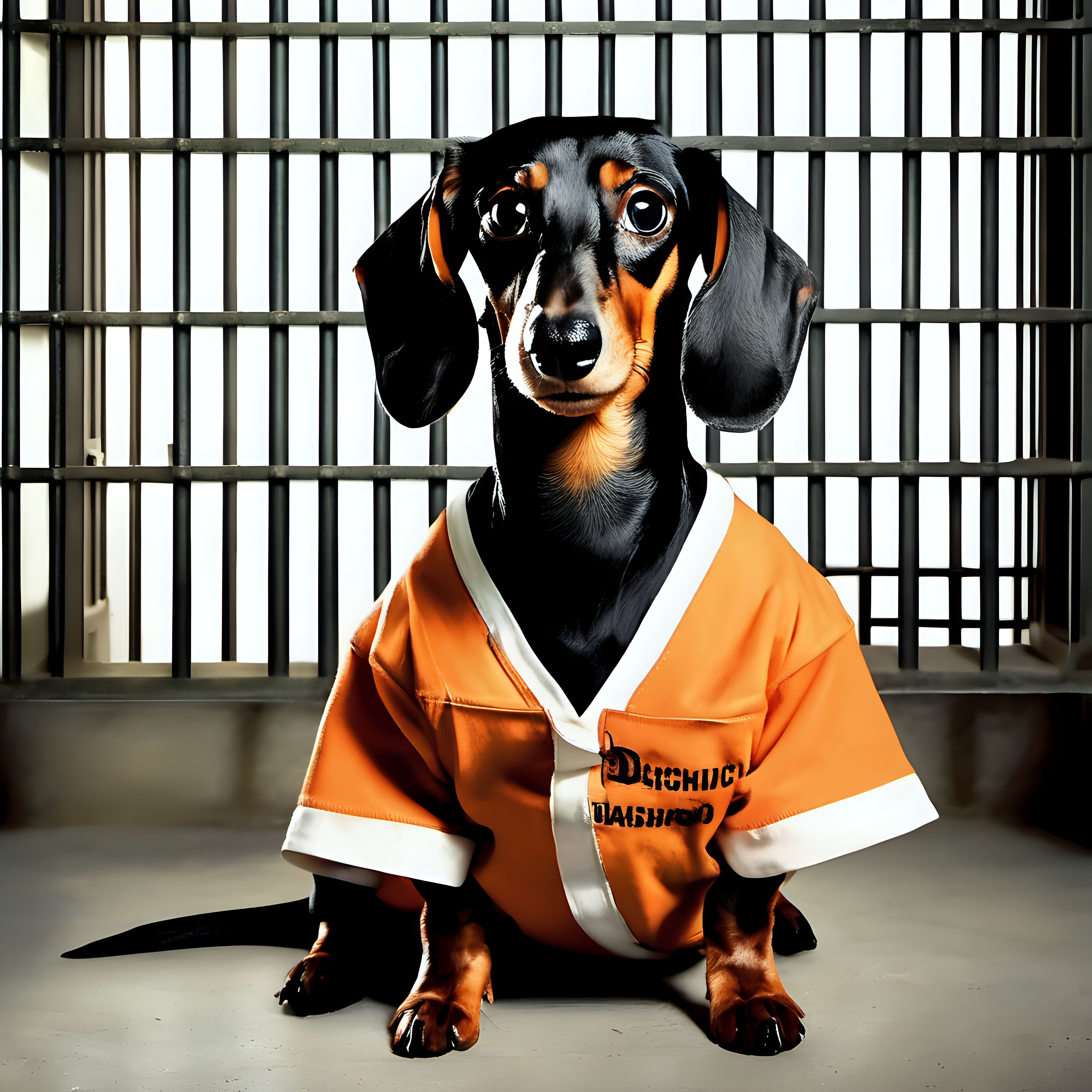a black and tan Dachshund in prison garb in a prison cell looking sad

