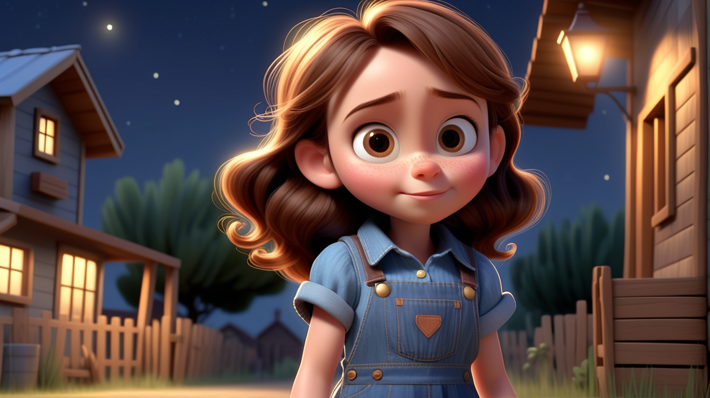 imagine 4 year old small girl with brown hair, fair skin, light brown eyes, wearing a denim dress overall, and a blue shirt, use Pixar style animation, make it full body size, in a village at night
