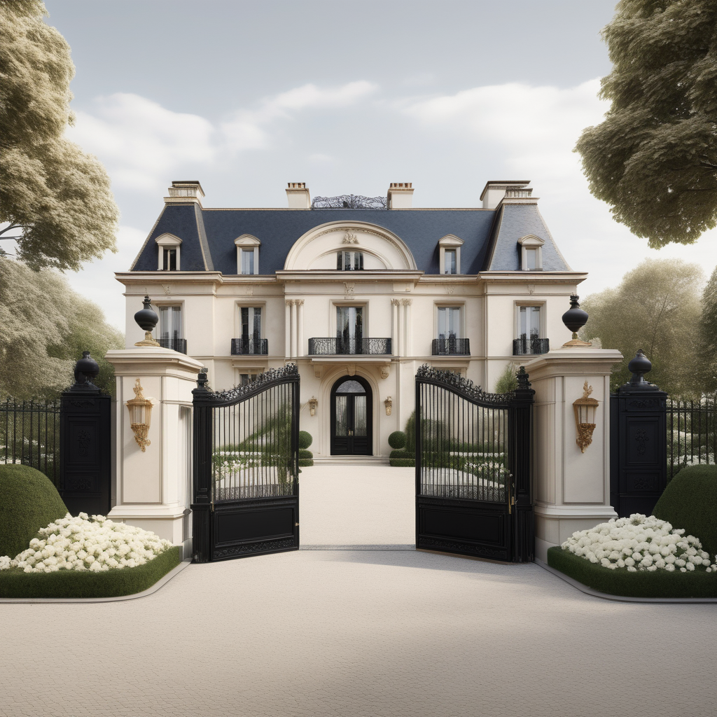 a hyperrealistic of a grand modern Parisian estate home from the outside with a great wide cobblestone driveway with black wrought iron gates,  a white Rolls Royce Phantom in the driveway and grand gardens of white flowers in a beige oak brass colour palette --no visible homes nextdoor
