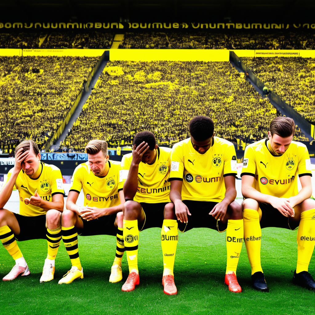 Dortmund Football players sitting on the ground crying  in front of Der Gelbe Wand of Dortmund