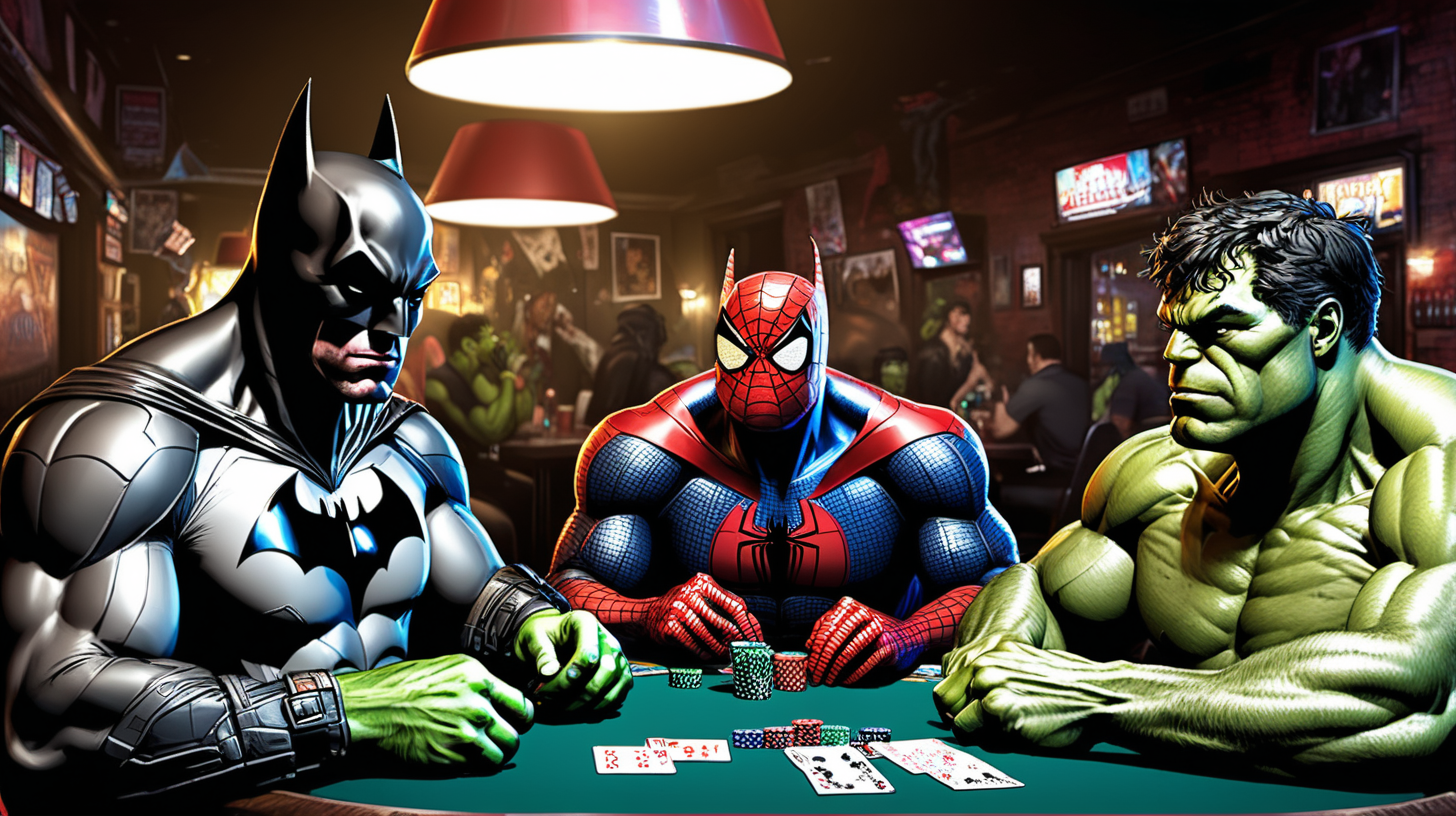 The Batman and Spiderman and Hulk playing poker and having drinks in a dive bar