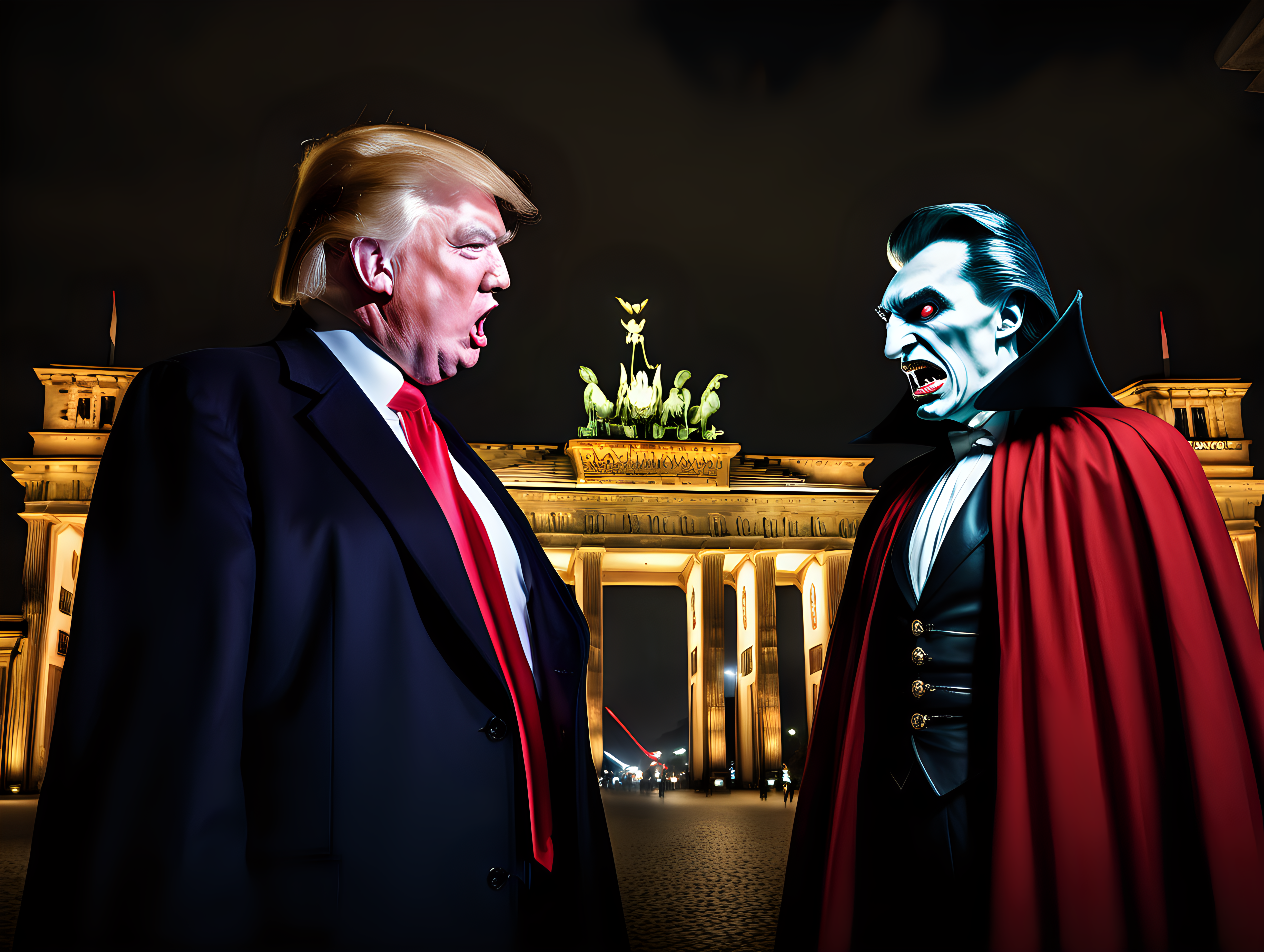 Donald Trump vs Dracula at night  in Berlin