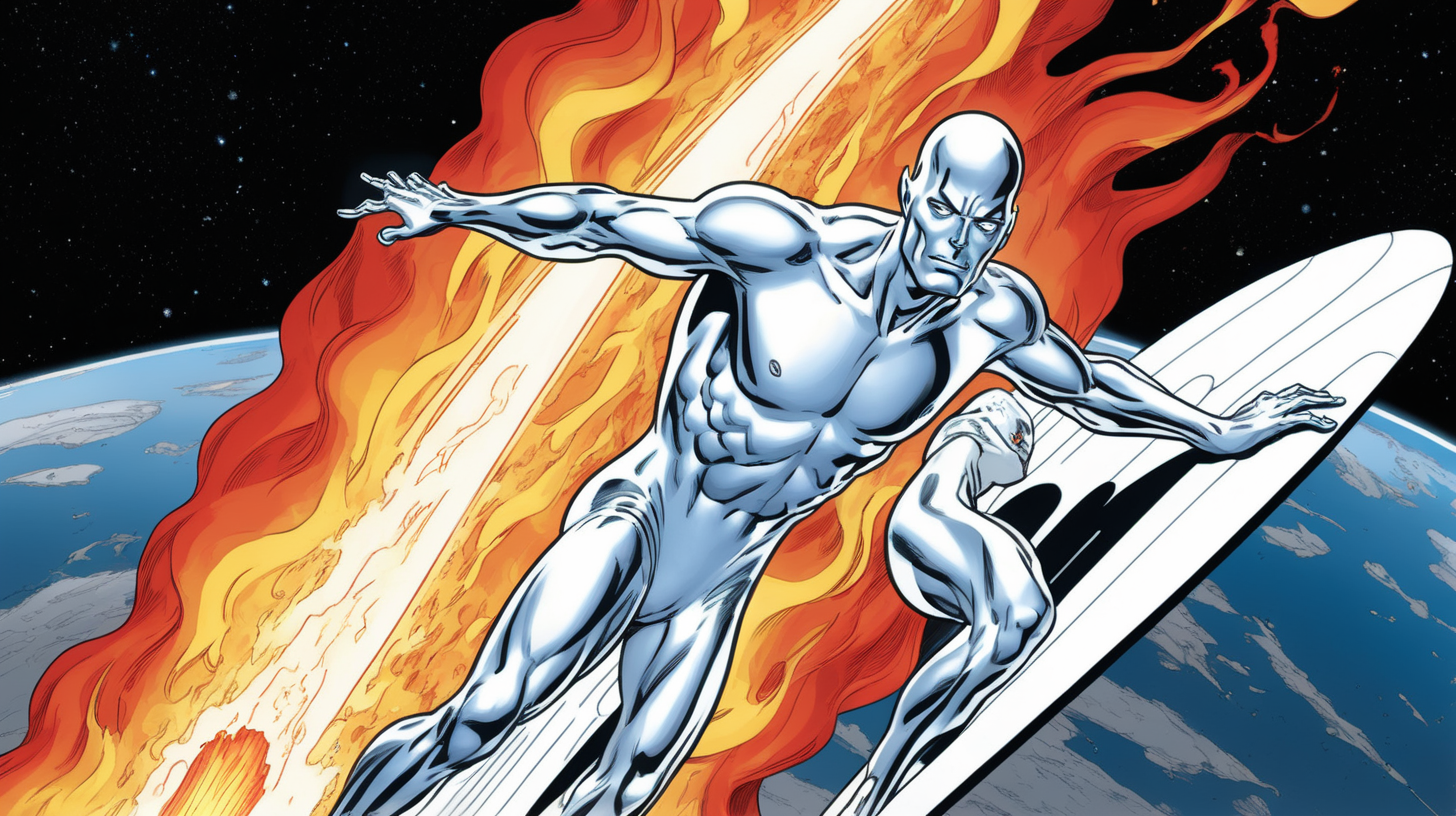 The Silver Surfer reigning fire down on earth